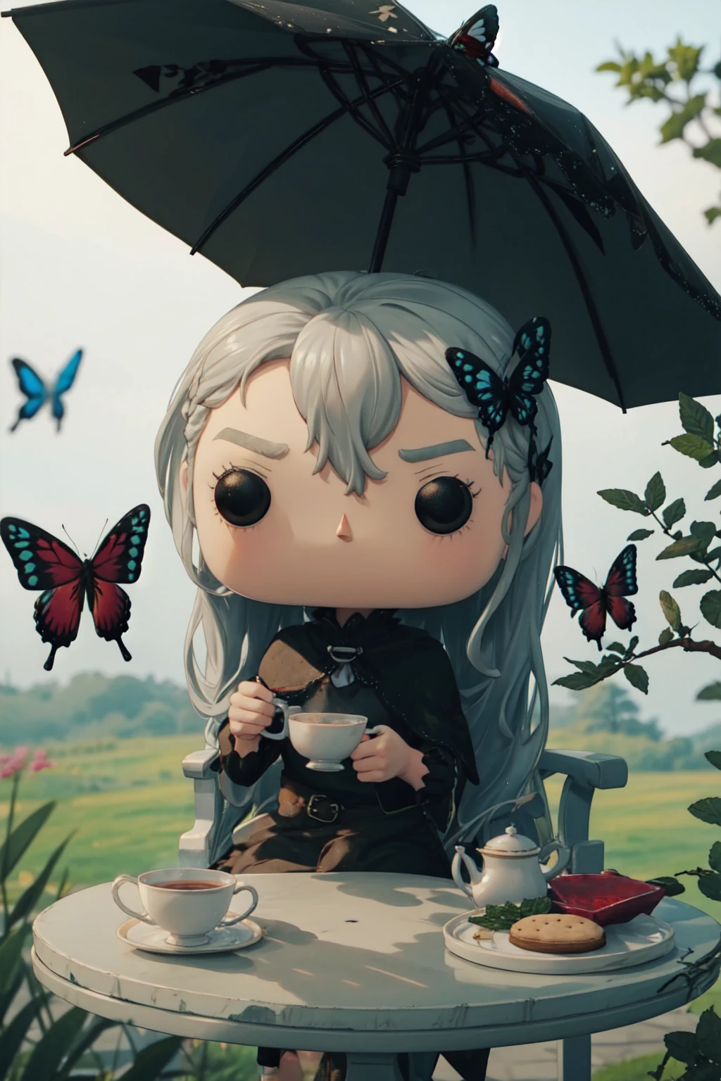 <lora:yomama_pop_toys-10:0.85>yomama_pop_toys, <lora:Anzhc Echidna:0.8>echidna, long silver hair, long black dress, holding cup of tea, butterfly hiarpin, umbrella, tea table, garden, flower, butterflies, sitting, sits on chair, teatime, biscuits and food on table