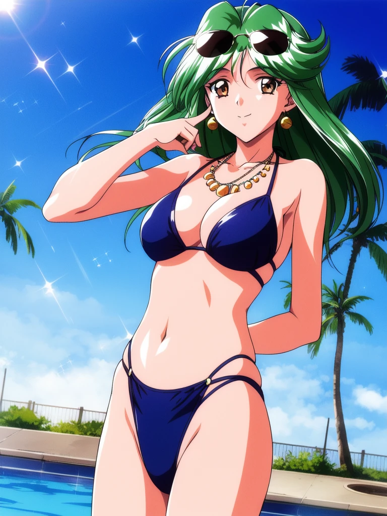<lora:asoukasumi_TM2:1>,  asoukasumi TM2, 1girl, solo, jewelry, swimsuit, green hair, bikini, 1990s (style), retro artstyle, eyewear on head, navel, earrings, necklace, sunglasses, smile, arm behind back, long hair, cowboy shot, looking at viewer, index finger raised, brown eyes, orange eyes, breasts, sparkle, outdoors, day, pool,
from behind,
masterpiece, high quality, very_high_resolution, large_filesize, full color,