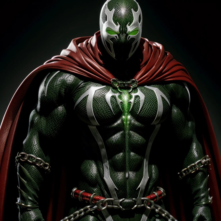 Hyperrealistic art of <lora:Spawn SD1.5:1.2>
Spawn a man with a living symbiotic costume and a red cape and a chain around his neck and glowing green eyes, Extremely high-resolution details, photographic, realism pushed to extreme, fine texture, incredibly lifelike