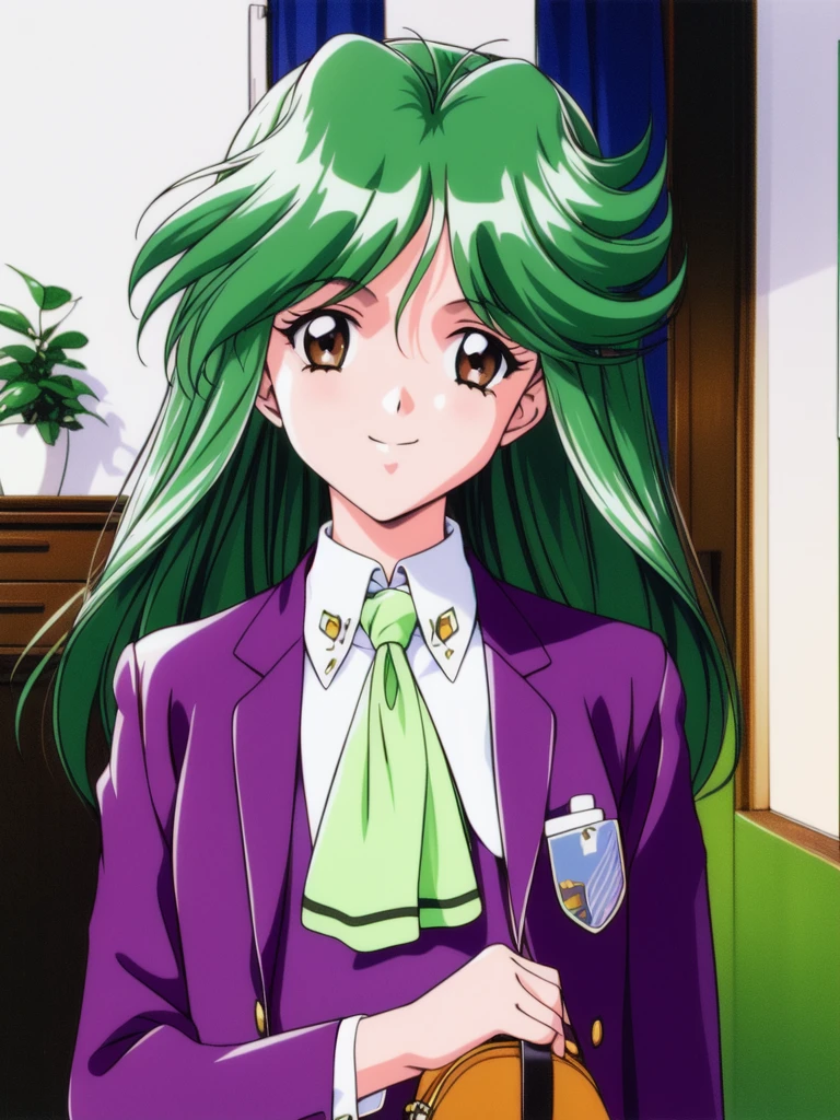 <lora:asoukasumi_TM2:1>, asoukasumi TM2, 1girl, solo, long hair, green hair, bag, retro artstyle, smile, brown eyes, 1990s (style), long sleeves, handbag, ascot, looking at viewer, jacket, shoulder bag, smile,
school in the room,
masterpiece, high quality, very_high_resolution, large_filesize, full color,