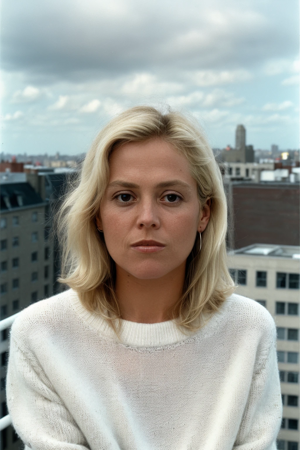 closeup of sgwver wearing a [[white]] sweater, blonde hair, a rooftop [penthouse] at noon, [35mm lens: : 0.8], <lora:SgWver:1>