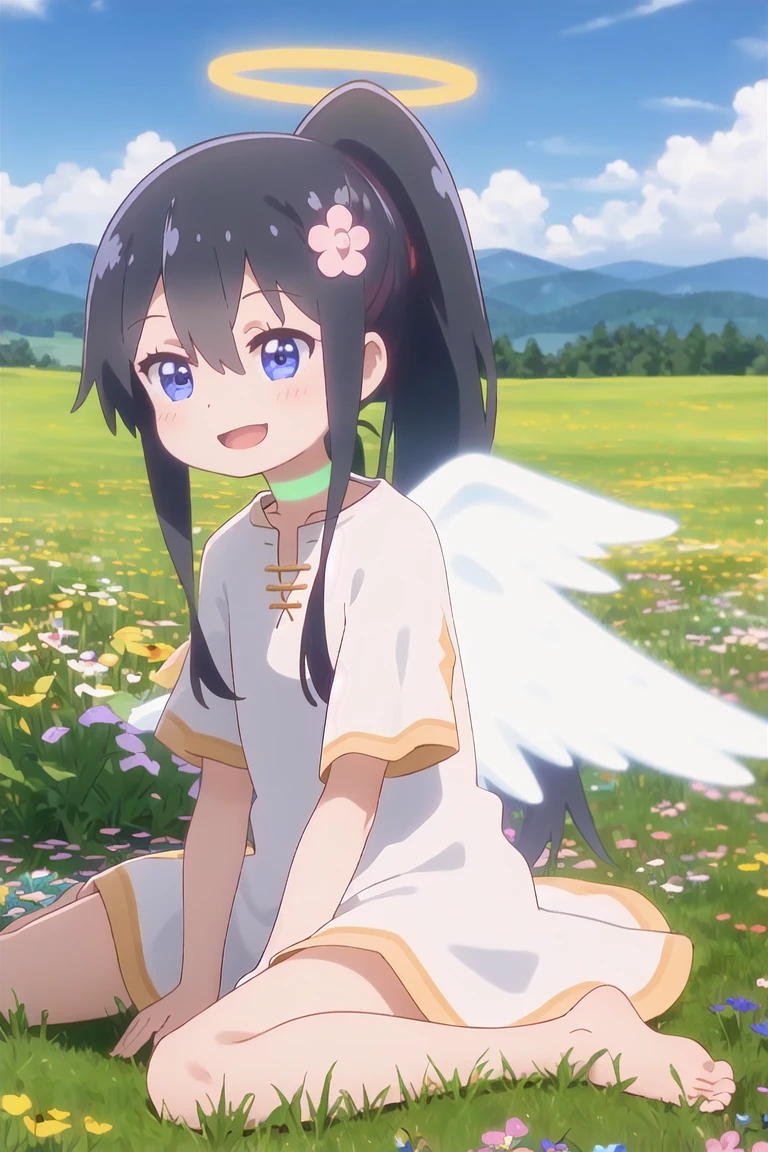 <lora:Wataten_Hana-v20:1> 1girl, watahana, (smile:1.1), open mouth, ponytail,
angel wing, halo, choker, green choker, dress, white dress, wide sleeves, barefoot,
outdoors, meadow, sky, cloud, flower, mountain, sitting, wariza,