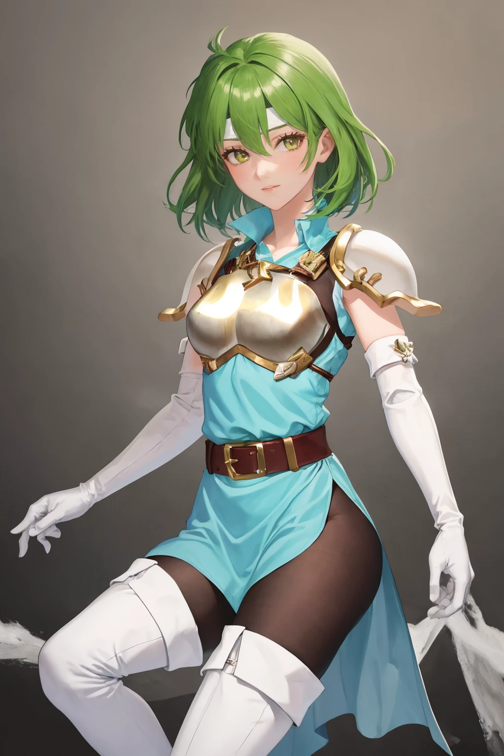 masterpiece, best quality, 1girl, solo, <lora:misha-fe-richy-v1-000012:1> misha, headband, shoulder armor, elbow gloves, breastplate, dress, belt, black tights, white thigh boots, messy hair, medium hair