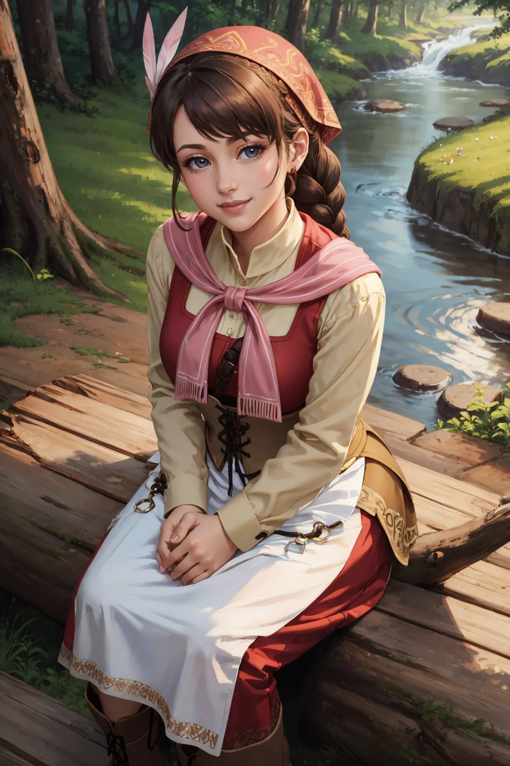 masterpiece, best quality, <lora:yunica-nvwls-v1-000009:0.9> yunica, braided ponytail, bandana, feather hair ornament, pink scarf, red dress, corset, apron, boots, sitting, from above, looking at viewer, smile, boulders, fallen log, forest