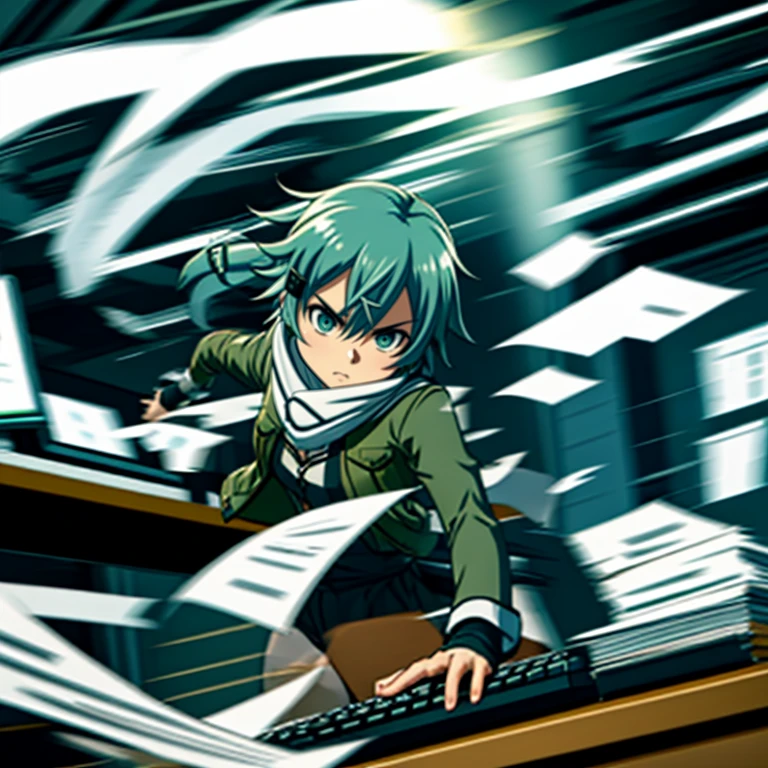 <lora:LCM_LoRA_Weights_SD15:1>,masterpiece,best quality,highly detailed,1girl,solo,serious,concentrating,v-shaped eyebrows,
<lora:sinon_v5:0.75>,sinon1,scarf,fingerless gloves,long sleeves,short shorts,hair ornament,hairclip,green thighhighs,green jacket,thigh strap,
BREAK
<lora:paperJob:0.4>,seriousMode,papers,too many papers,holding paper,speed lines,office,indoors,office chair,office chair,keyboard \(computer\),computer,(typing,motion lines,motion blur,afterimage, multiple arms),