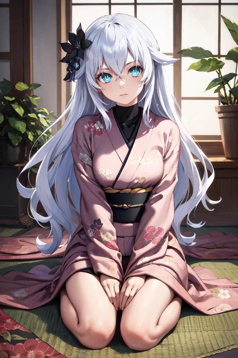 masterpiece, best quality, absurdres, BlackHeart, symbol-shaped pupils, indoors, kimono, hair flower, floral print, wariza, sitting, hands on own knees, <lora:BlackHeart:1>