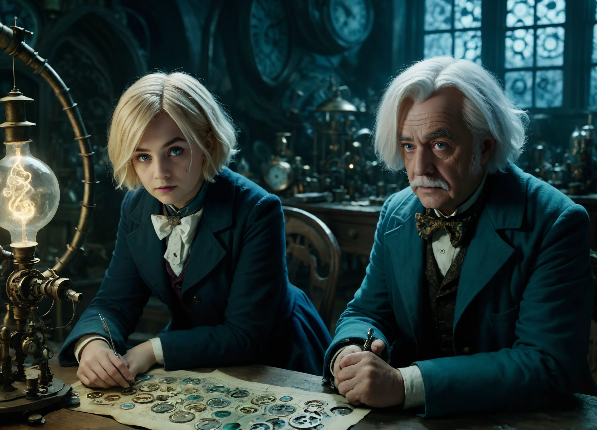 old man, scientist, cinematic, alice in wonderland, blonde short hair , cold colors, mistic lights, low light, fantasy environment, clockwork work,