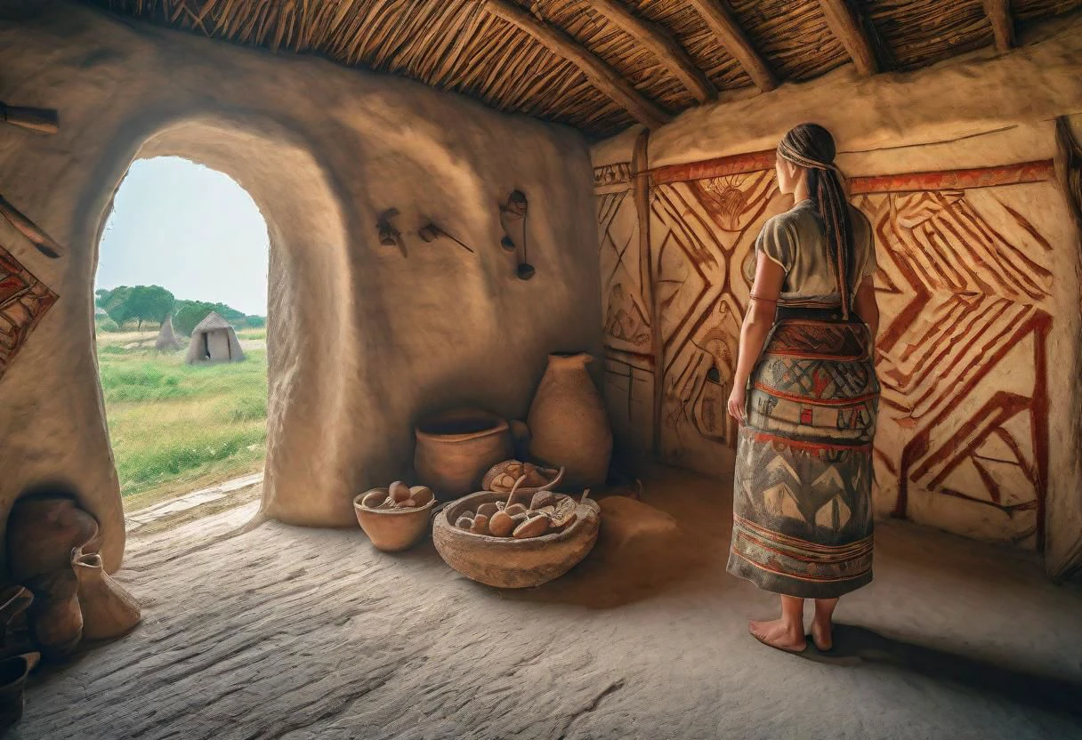 HDR,UHD,8K,Highly detailed,realistic,photo-realistic:1.37), A woman in primitive clothig inside a neolithic house, wall painted with patterns in neolithic style