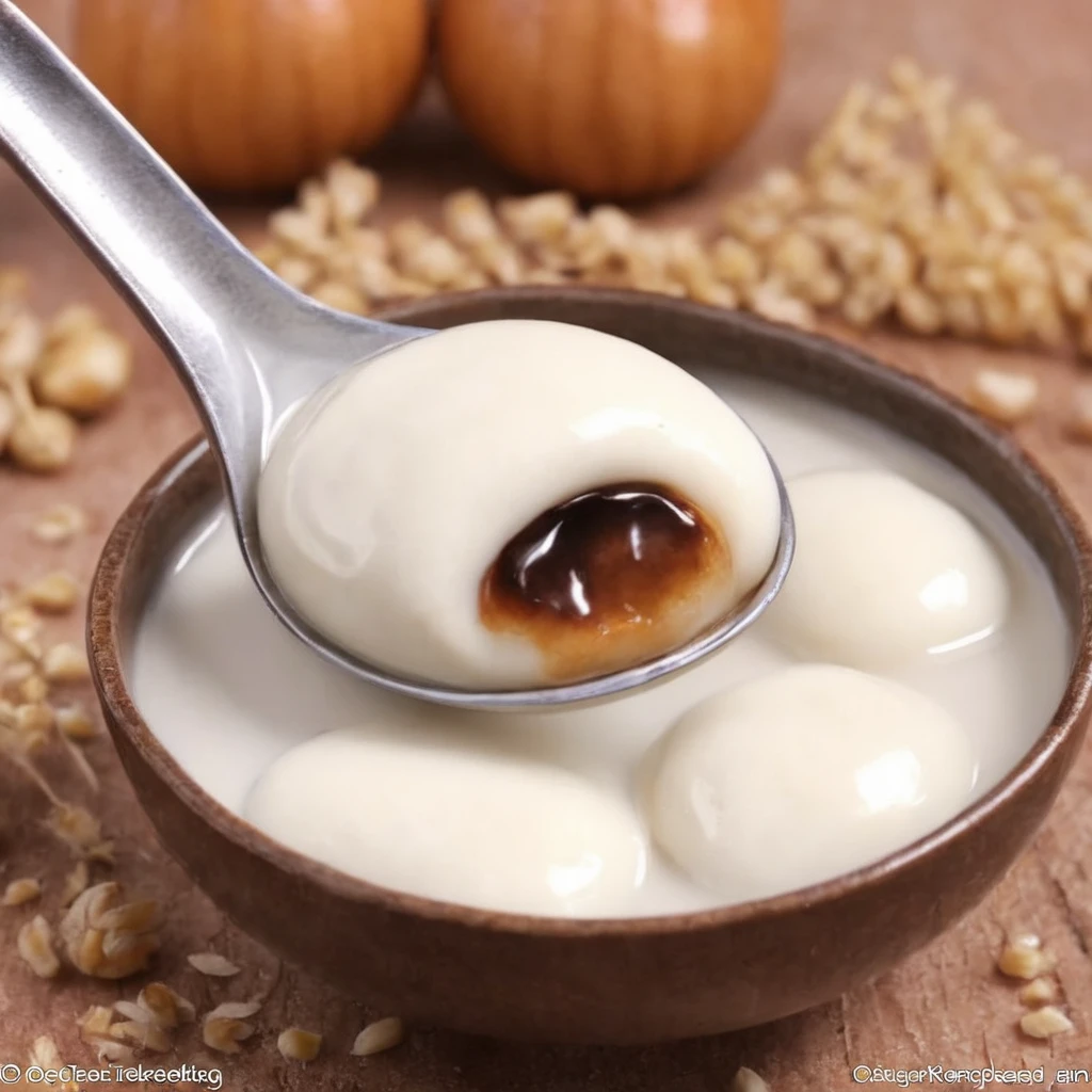 For a realistic style image of a spoon with some food in it,<lora:Tang_yuan:0.85>,cockroach jam milk filling,