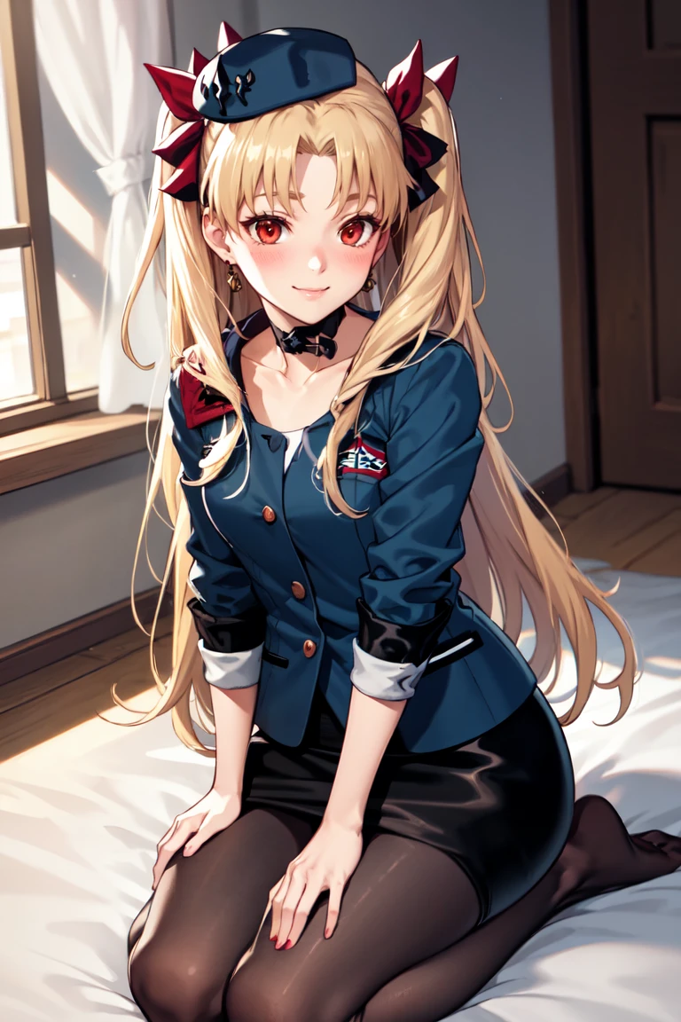 masterpiece, best quality, absurdres, EreshkigalTraveling, two side up, hair ribbon, hat, bow choker, blue jacket, pencil skirt, black pantyhose, indoors, seiza, on bed, blush, smile, <lora:EreshkigalV2:0.8>