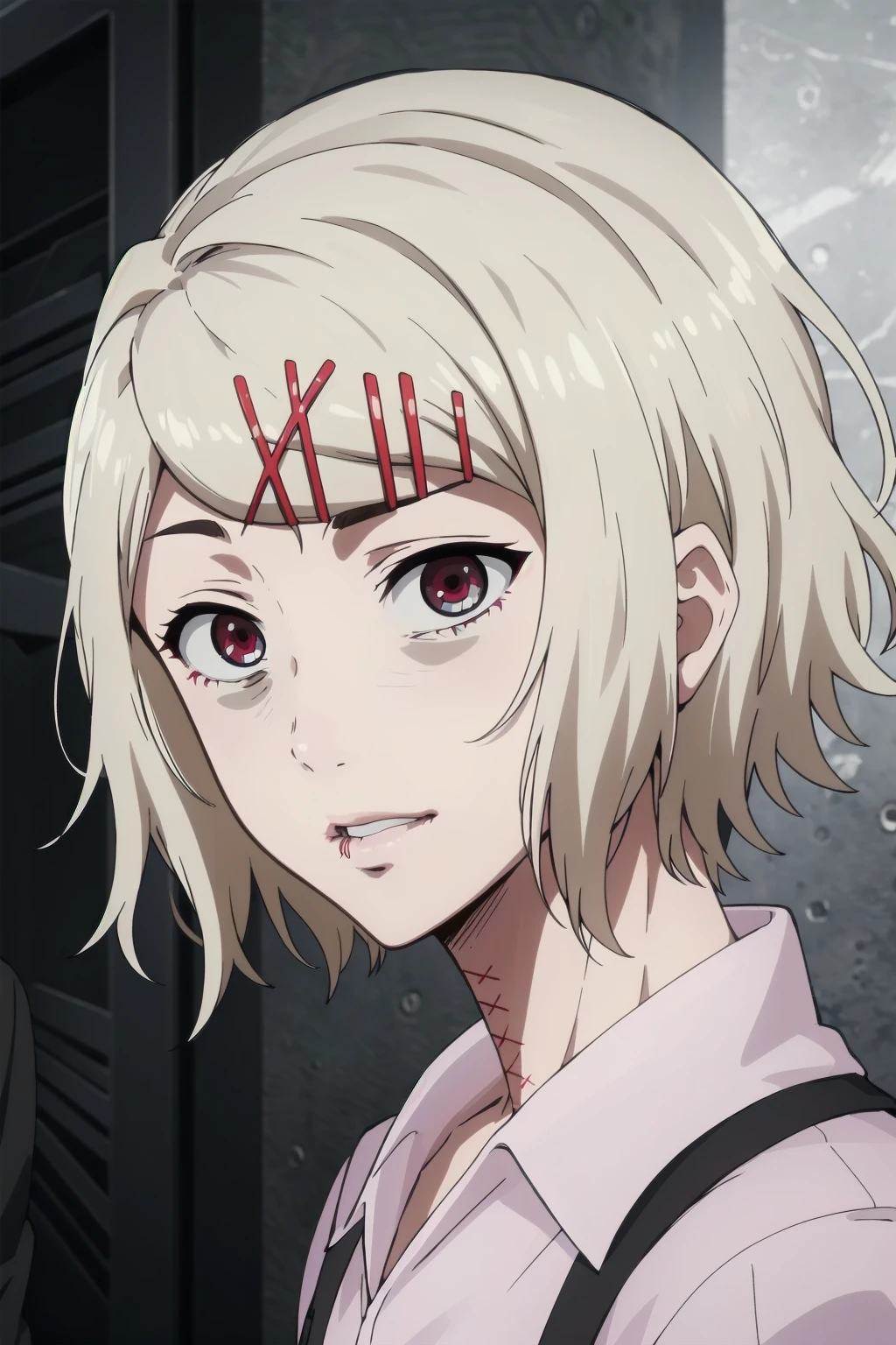 (masterpiece, best quality, high quality, highres, ultra-detailed), 
juuzou-suzuya, 1boy, androgynous, solo, short hair, hair ornament, white hair, male focus, hairclip, x hair ornament, pale skin, stitches, stitched face, upper body, 
<lora:Juuzou_Suzuya-10:1>