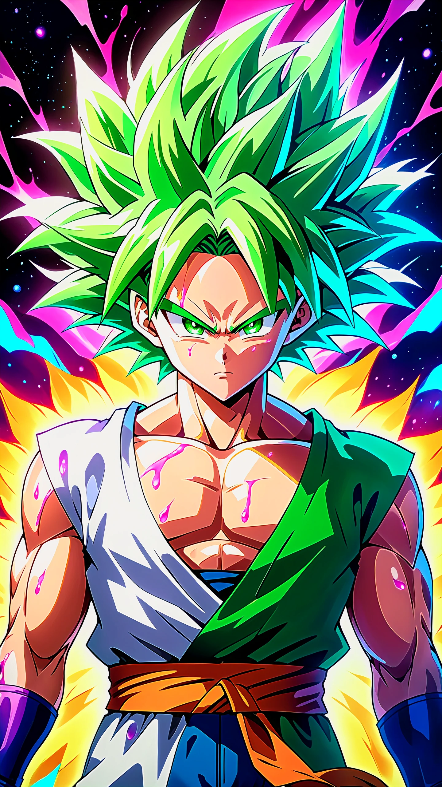 (Broly the legendary super saiyan) with green hair, realistic photo, (raw photo of Broly cosplay), legendary super saiyan, broly from dragon ball super Broly, (Broly super saiyan transformation), Broly in rage mode, (Goku ultra instinct, Vegeta ultra ego), ((green hair, upper body)), ultra instinct, dbz style, jjba style, death note style, ultra detailed artistic abstract photography of super sayan god, detailed captivating eyes, asymmetrical, gooey liquid hair, color exploding, highly refractive skin, Digital painting, colorful, volumetric lighting, 8k, by Cyril Rolando, by artgerm, Trending on Artstation, 16k resolution, High definition, detailed, realistic, 8k uhd, high quality, dragon ball super style, cosmic body, vaporwave style, (super saiyan aura around body), Toei animation style, Studio Ghibli style, hyper realistic