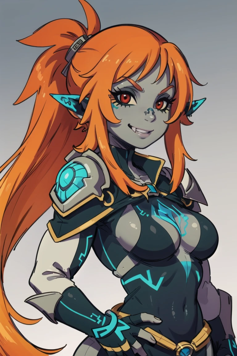 ((masterpiece,best quality)), <lora:Twilight_Theme_Zelda_Anime:0.8>, (Twilight_Theme_Zelda), glow, glowing, green glow, dark skin, grey skin, glowing tattoo, pointy ears, 1girl, smile, red eyes, orange hair, yellow sclera, smug, shiny metal, fingerless gloves, armor, shoulder armor, gauntlets