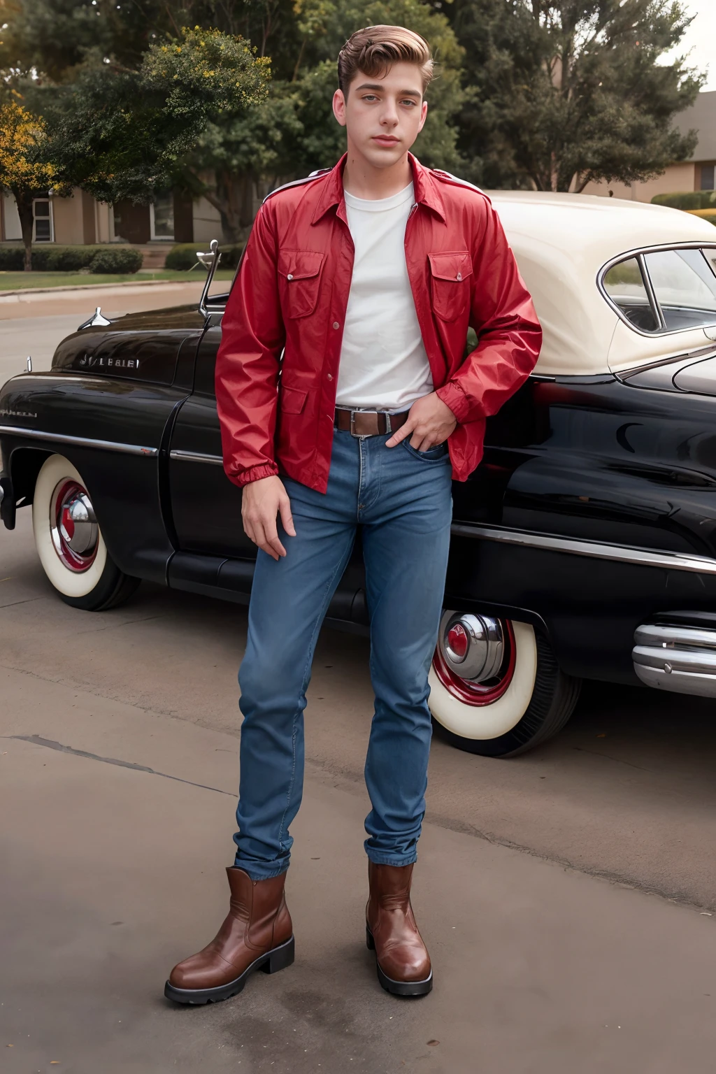 evening, standing next to (black 1949 Mercury Coupe),  (JoeyMills), dressed as (Jim Stark) in the movie (Rebel without a Cause), plain red windbreaker over plain white shirt, blue jeans, brown boots, (((full body portrait))), wide angle, <lora:JoeyMills:0.8>