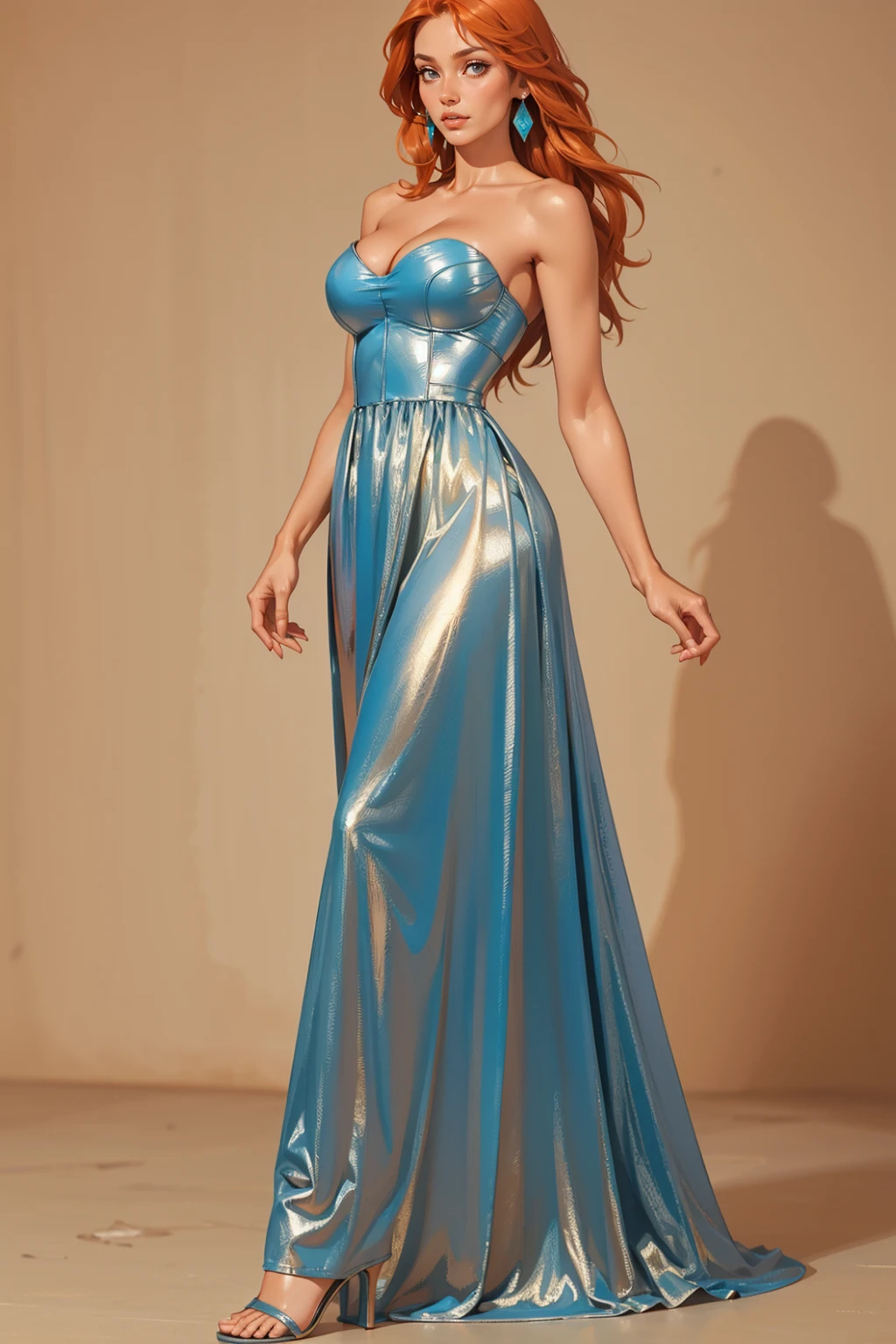 masterpiece, best quality, <lora:age_slider_v6:1>  <lora:detail_slider_v4:2> 1girl, m3tp3tal, dress, cleavage, bare shoulders, standing, full body, high heels, strapless, strapless dress, metallic dress,  <lora:m3tp3tal:0.7> long hair, orange hair,  simple background, grey background,