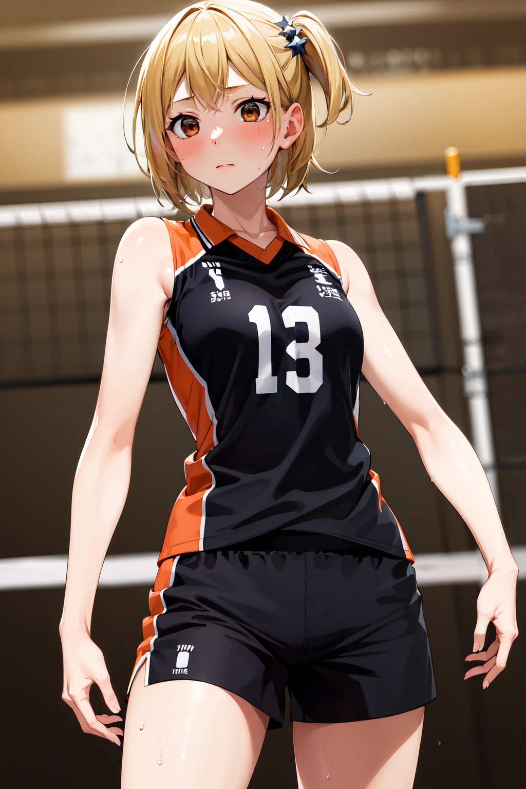 masterpiece, best quality, highres, 1girl, solo, short hair, one side up, blonde hair, brown eyes, sportwear, uniform, black shirt, sleeveless, black shorts <lora:yachi_hitoka_v1:0.7>, standing, cowboy shot, volleyball, sweat