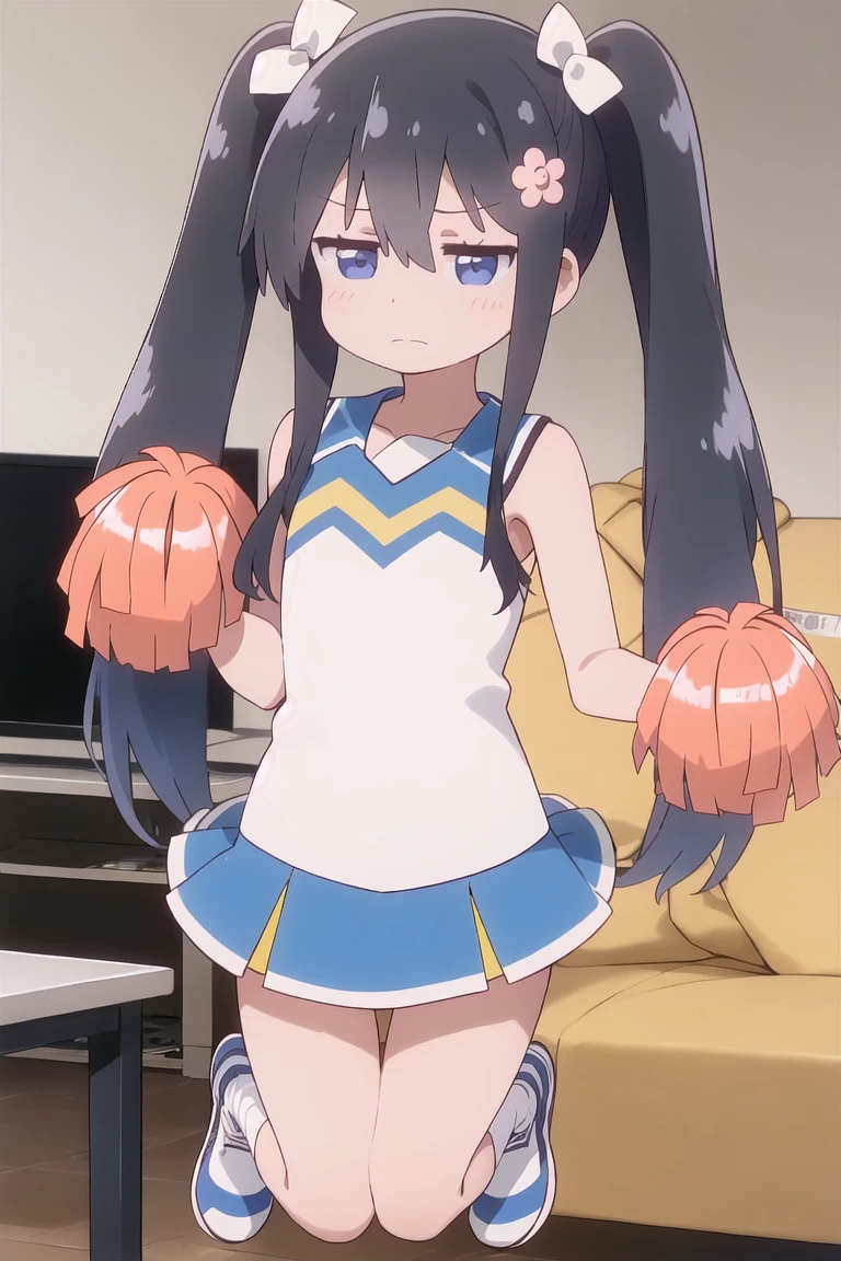 1girl, watahana, frown, (empty eyes:1.1), jitome, twintails, flat chest,
hair ornament, hair flower,
cheerleader, white dress, (pom pom \(cheerleading\):1.1), (jumping:1.1),
indoors, living room, viewfinder
<lora:Wataten_Hana-v20:1> <lora:Eye_Jitome_v2:1>