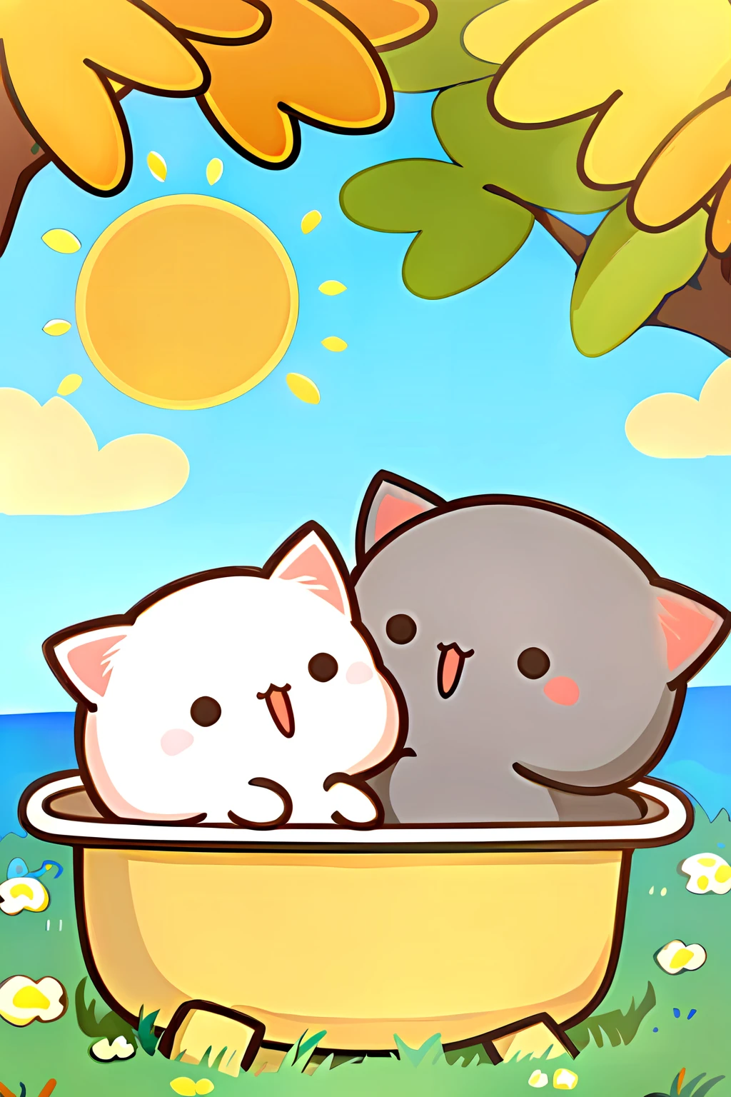 <lora:GomaandPeach-V1_0:1>,goma and peach,(2 cats:1.3),(sunny day:1.5),love,romance,