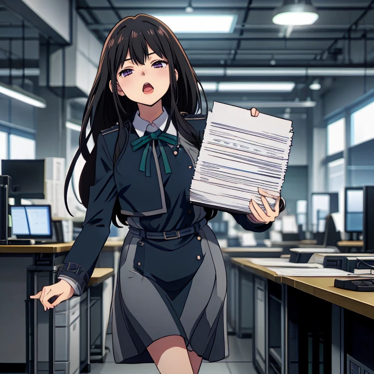 <lora:LCM_LoRA_Weights_SD15:1>,masterpiece,best quality,highly detailed,1girl,solo,
<lora:takina_inoue_v1:0.75>,takina inoue,purple eyes,black hair,long hair,lycoris uniform,green ribbon,long sleeves,two-tone dress,pleated,
BREAK
<lora:paperJob:0.4>,carryPaper,too many papers,carrying paper stack,holding paper stack,carrying under arm,office,office interior,indoors,walking,office desk,computer,keyboard \(computer\),mouse \(computer\),office chair,wince,exhausted,blush,open mouth,sick,(sleepy,yawning,half-closed eyes),dress,collared shirt,kneehighs,