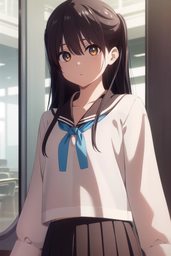 ruriichigyou, <lora:ruri ichigyou movie-lora-nochekaiser:1>,
ruri ichigyou, long hair, (black hair:1.5), hair between eyes, (brown eyes:1.2), two side up,
BREAK skirt, school uniform, pleated skirt, serafuku, black skirt, long sleeves,
BREAK indoors, classroom,
BREAK looking at viewer, (cowboy shot:1.5),
BREAK <lyco:GoodHands-beta2:1>, (masterpiece:1.2), best quality, high resolution, unity 8k wallpaper, (illustration:0.8), (beautiful detailed eyes:1.6), extremely detailed face, perfect lighting, extremely detailed CG, (perfect hands, perfect anatomy),