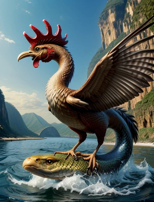 best quality, masterpiece, highres, detailed realistic, <lora:Detail - add_detail:0.2>, Cockatrice, chicken, bird, wings, snake, <lora:Cockatrice:0.6>, no humans, river, ocean,