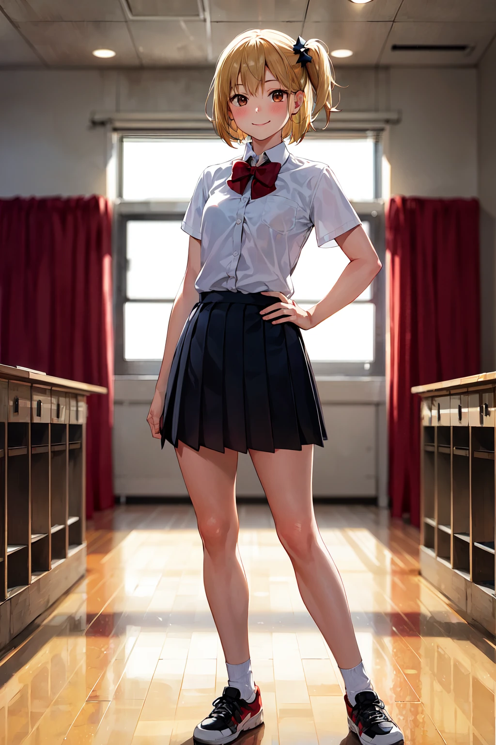 masterpiece, best quality, highres, 1girl, solo, short hair, one side up, blonde hair, brown eyes, red bowtie, white shirt, short sleeves, pleated skirt, black skirt, <lora:yachi_hitoka_v1:0.7>, hand on hip, standing, smile, stadium, indoors, court