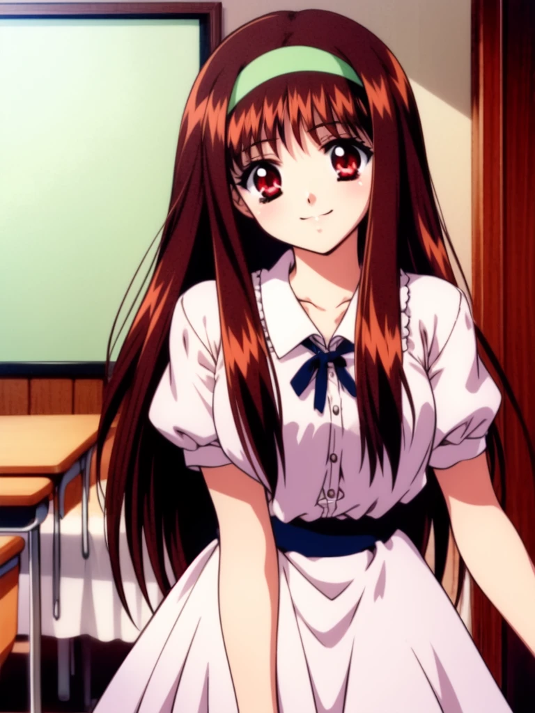 <lora:YuukiMizuho:0.8>,  YuukiMizuho, long hair, hairband, red eyes, brown hair, smile,  1girl, soro, cowboy Shot,
school in the room,
masterpiece, high quality, very_high_resolution, large_filesize, full color,