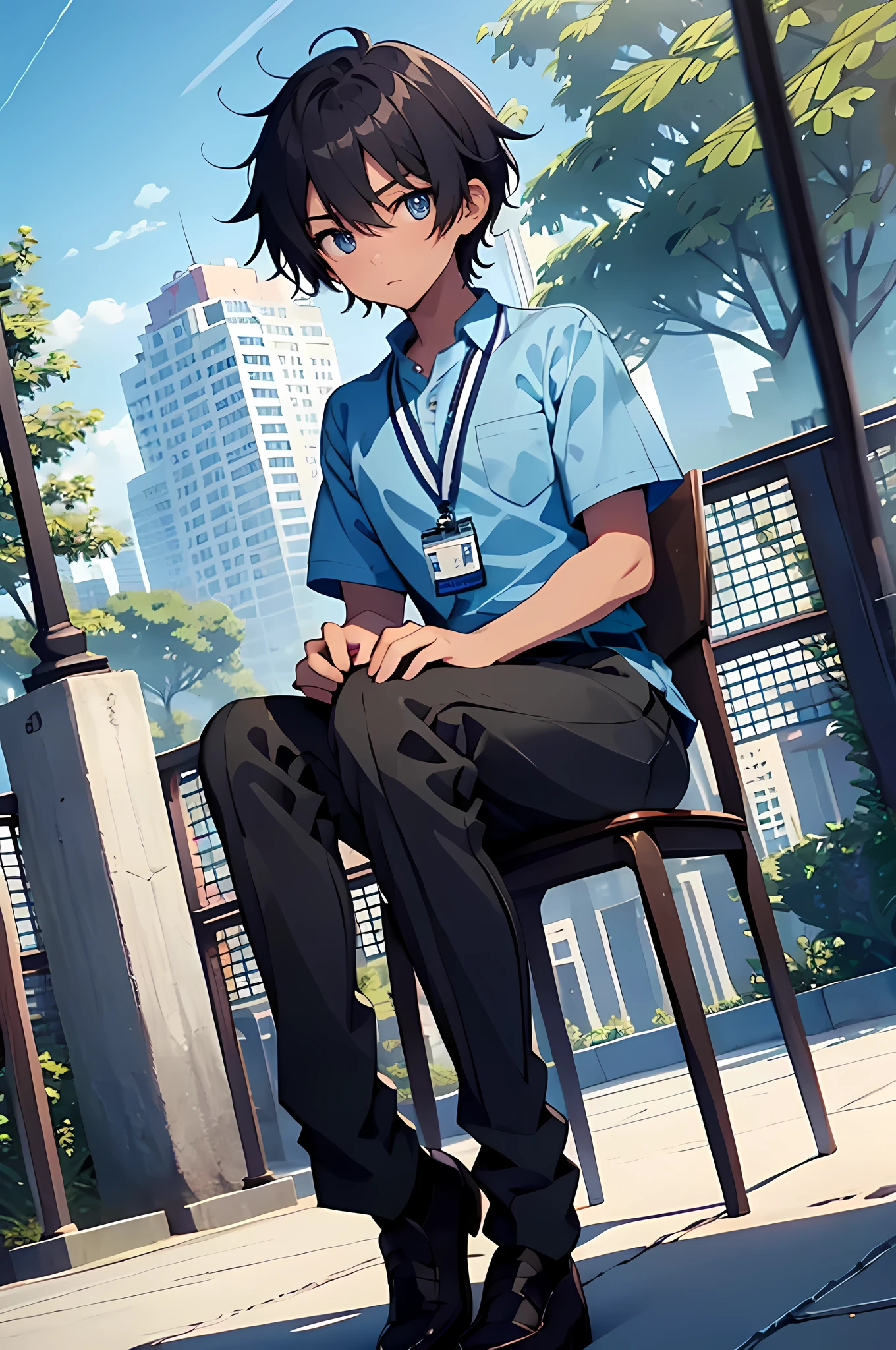 ((best quality)), (masterpiece), student, (detailed eyes), wearing uniform, short sleeves, light blue shirt, lanyard, black pants, sitting, park, anime