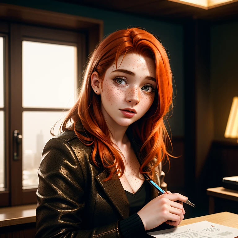 cinematic photo (art by Mathias Goeritz:0.9) , photograph, Lush Girlfriend, Tax collector, Rich ginger hair, Winter, tilt shift, Horror, specular lighting, film grain,(cinematic still:1.2), (freckles), professional, 4k, highly detailed