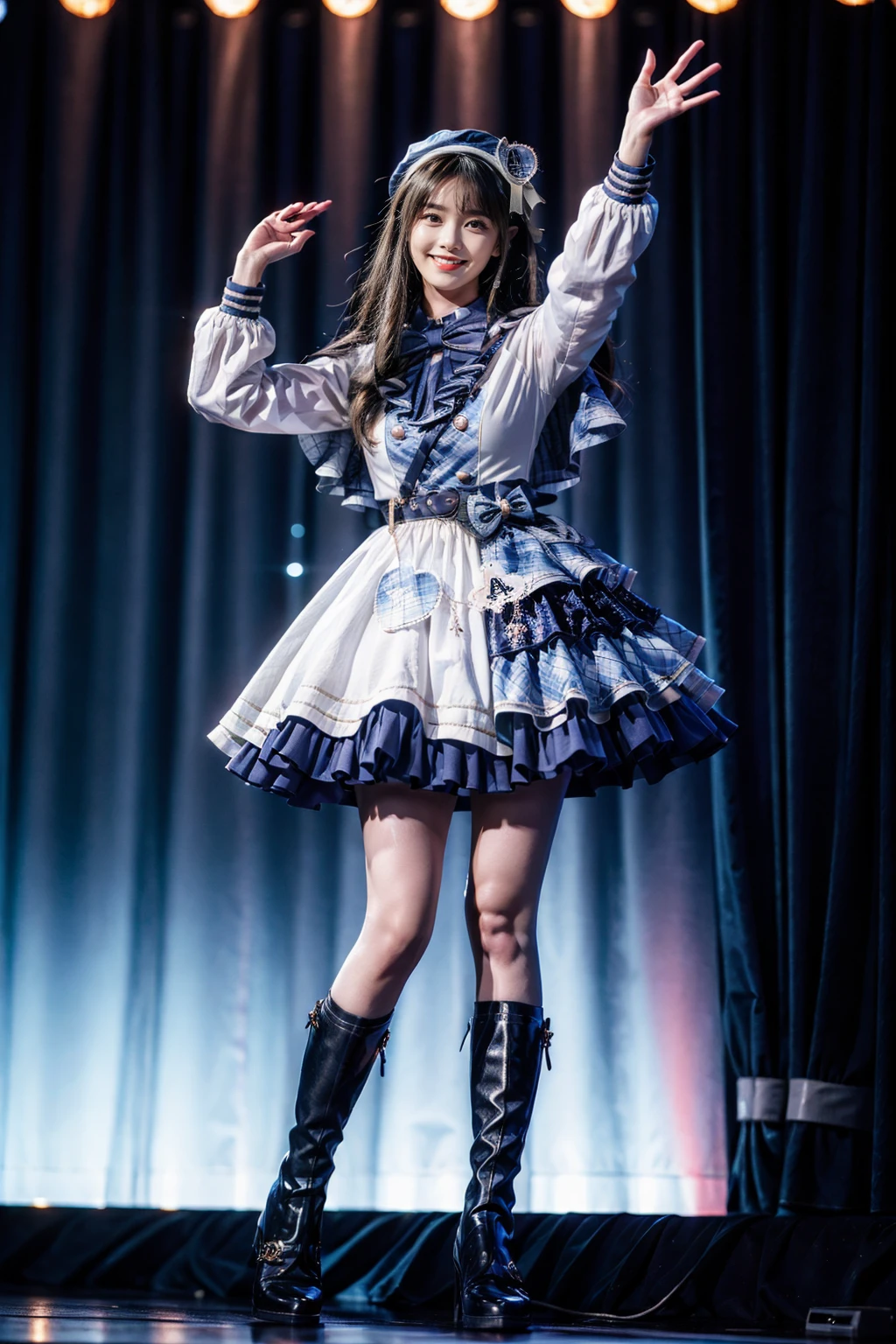 best quality, masterpiece, photorealistic, 1girl, solo, full body, standing, long straight hair, looking at viewer, holding microphone, singing, smile, cyb dress, capelet, long sleeves, belt, bow, bowtie, hat, headwear, white knee boots, stage in the backgorund, stage lighting, stage spotlight, detailed background, audience, people, <lora:idol_costume_style8_v1:0.75>, <lora:add_detail:1>