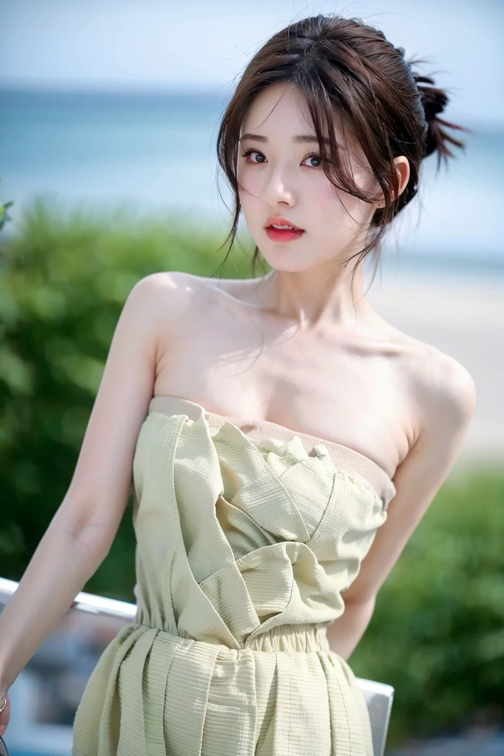 1girl,solo,miniskirt,upper_body,looking at viewer,short hair,brown hair,black hair,beach,over the sea,sexy,