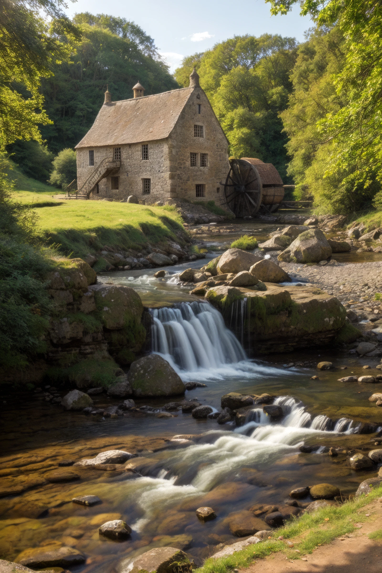 a charming medieval mill beside a bubbling brook, natural light, perfect composition