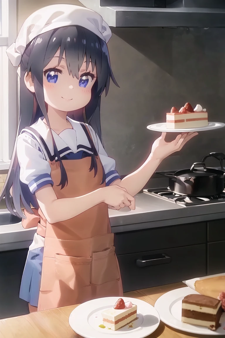 (((masterpiece))), (((Best Quality))), (((high quality))), (((beautiful))), (((8K))), (((highres))), (((absurdres))), (((exquisite))), (((Ultra high definition))), (((High resolution))), (1girl), (Gamine:1.5), (Little Girl:1.4), (Dark blue straight long hair:1.3), (Very long sideburns of dark blue color), (Super long and thick sideburns of dark blue color:1.4), (dark blue bangs with super large splits:1.3), (ahoge:1.4), (Small blue eyes:1.2), (A little sagging eyes:1.3), (Super thick sideburns and super long sideburns:1.1), (Super long and thick sideburns:1.1), (Simple Hair Clip:1.4), (Extra Ultra Flat Chest:1.2), (extremely small breasts:1.4), (white T-shirt:1.31), BREAK (red plaid-pattern pleated-skirt:1.3), (Super cute light blue apron:1.3), (Kitchen at home:1.35), (Make a whole cake:1.4), (Squeezing cream into the cake:1.4), (Super tasty looking whole cake:1.4), (cowboy shot:1.3), (looking away:1.4), (Squeezing cream into the cake:1.4)