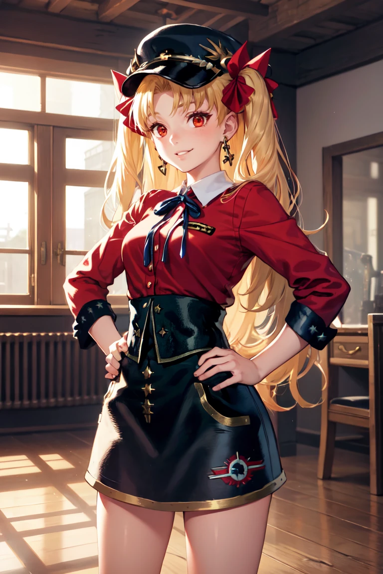 masterpiece, best quality, absurdres, EreshkigalSameSky, two side up, hair ribbon, peaked cap, red shirt, striped bow, black skirt, indoors, hands on hips, smile, <lora:EreshkigalV2:1>