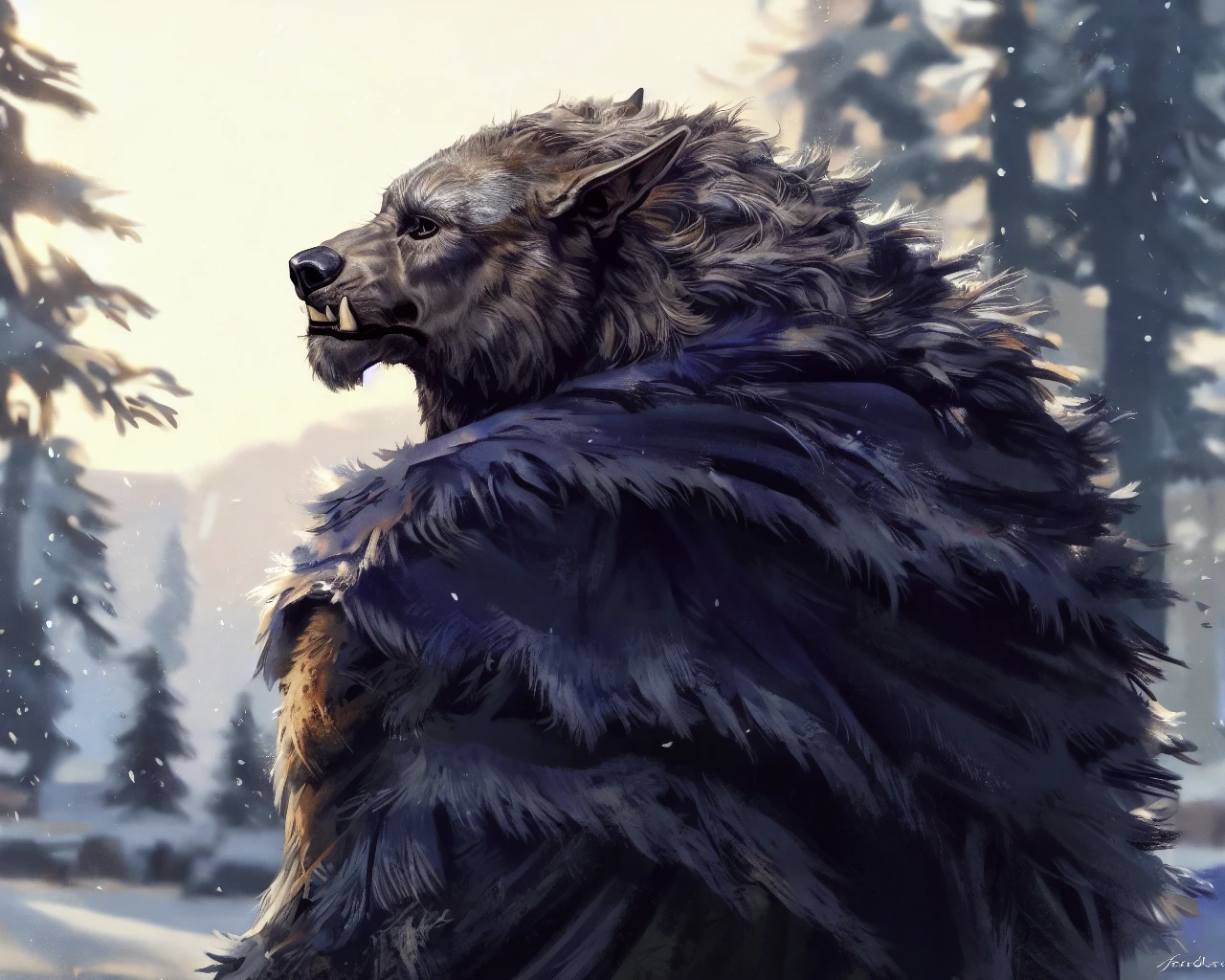 blaidd (elden ring),
(masterpiece, best quality, high quality, highres, ultra-detailed),
fluffy fur,
anthro,solo,(werewolf:1.3),werecanid,canine,
humanoid hands,
standing,side view,
public,(shadow:1.3),day,sunlight,
winter,detailed background,freezing,
<lora:bmV8r:1>,