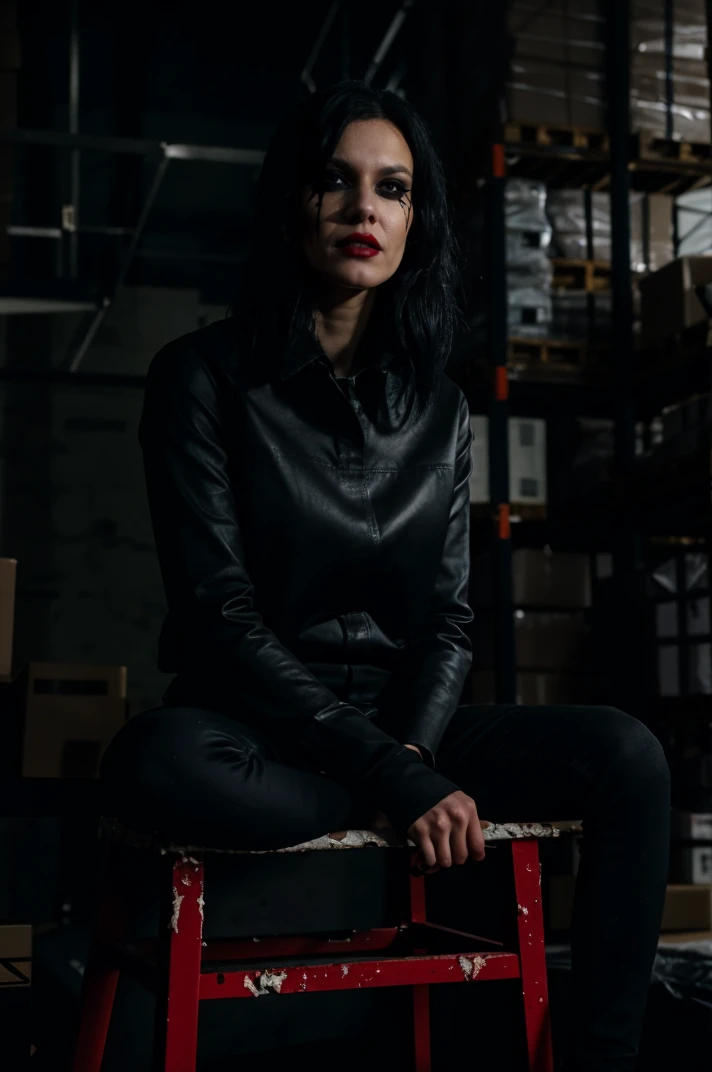 <lora:CScabb:1>,4K, Masterpiece, reaching out at viewer, angry, baring teeth, thin build, petite, pale skin, smokey eyeliner, dark red lipstick, black hair wearing straightjacket covered in blood, blood smear over one eye, gritty grungey background of a warehouse with white crumbling walls, solo, cinematic lighting, sitting on a stool, dark background and dark lighting