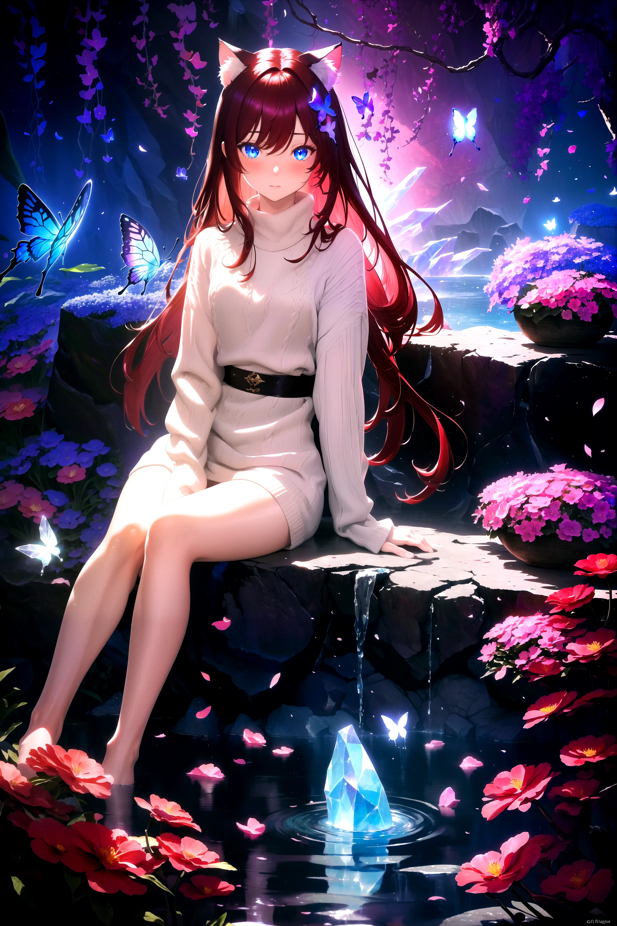 (masterpiece, best quality, highres), 1girl, raifu, solo, abstract, pov, close-up,
BREAK
dark background, depth of field, rim lighting, flowers,
petals, cave, butterfly, vegetation, aura, magic,
BREAK
dark red hair, blue eyes, straight hair, cat ears, blush,
(medium breasts:0.8), mature female, white sweater, bare legs,