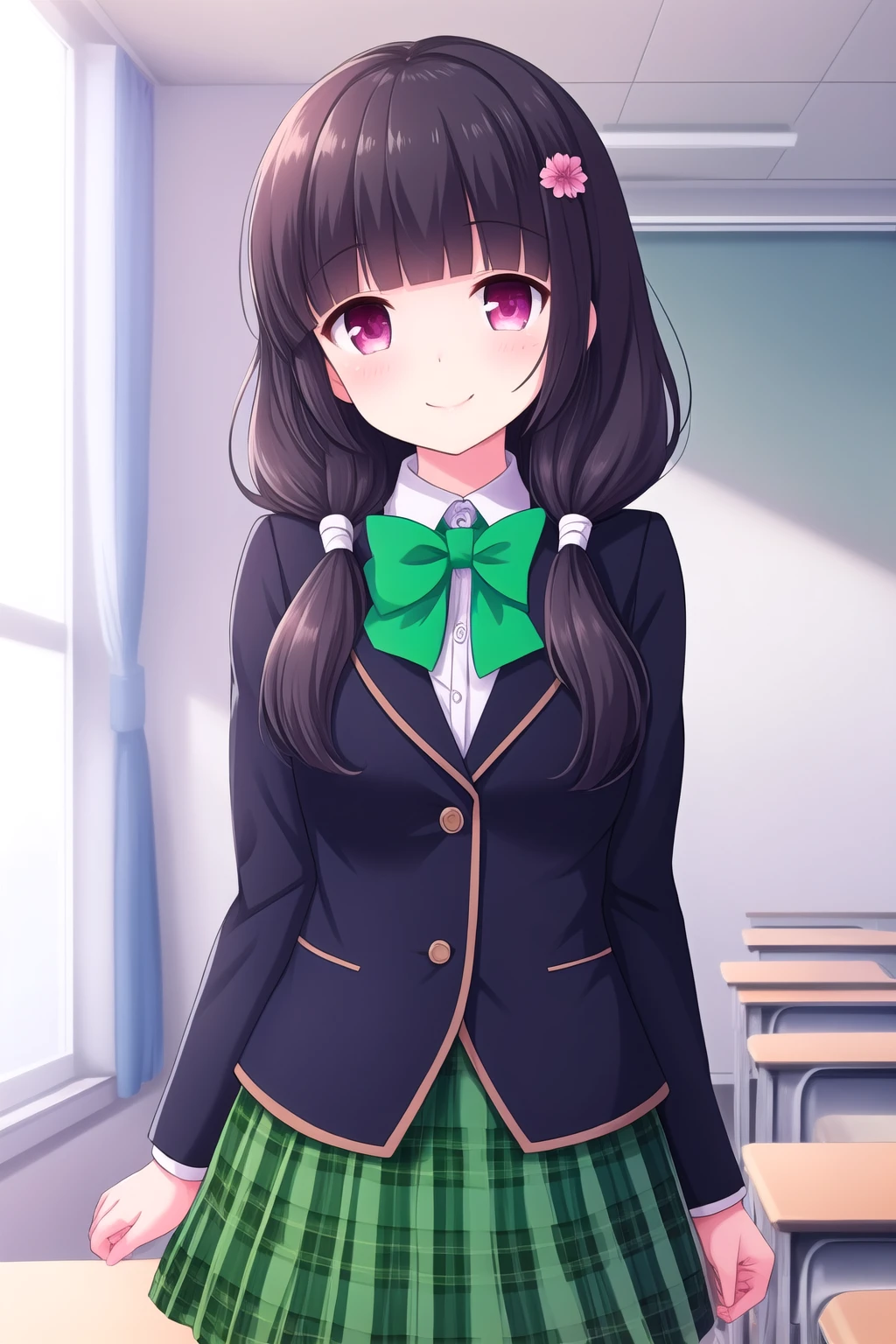 (masterpiece, best quality), highly detailed background, perfect lightingbest quality, morizonomei, solo, indoors, classroom, black hair, hair flower, hairclip, blunt bangs, low twintails, hair over shoulder, long hair, pink eyes, blue jacket, blazer, green bowtie, white shirt, green skirt, plaid skirt, school uniform, smile, closed mouth, :), pink lips, <lora:Morizono-Mei:0.7>