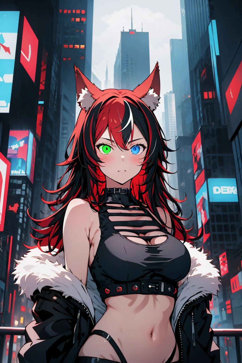 masterpiece, best quality, 1girl, bombalurina, red hair, black hair, long hair, heterochromia, green eyes, animal ears, large breasts, jacket, upper body, looking at viewer, cyberpunk, solo, neon light, night, cyberpunk city background  <lora:BombalurinaV2:1>