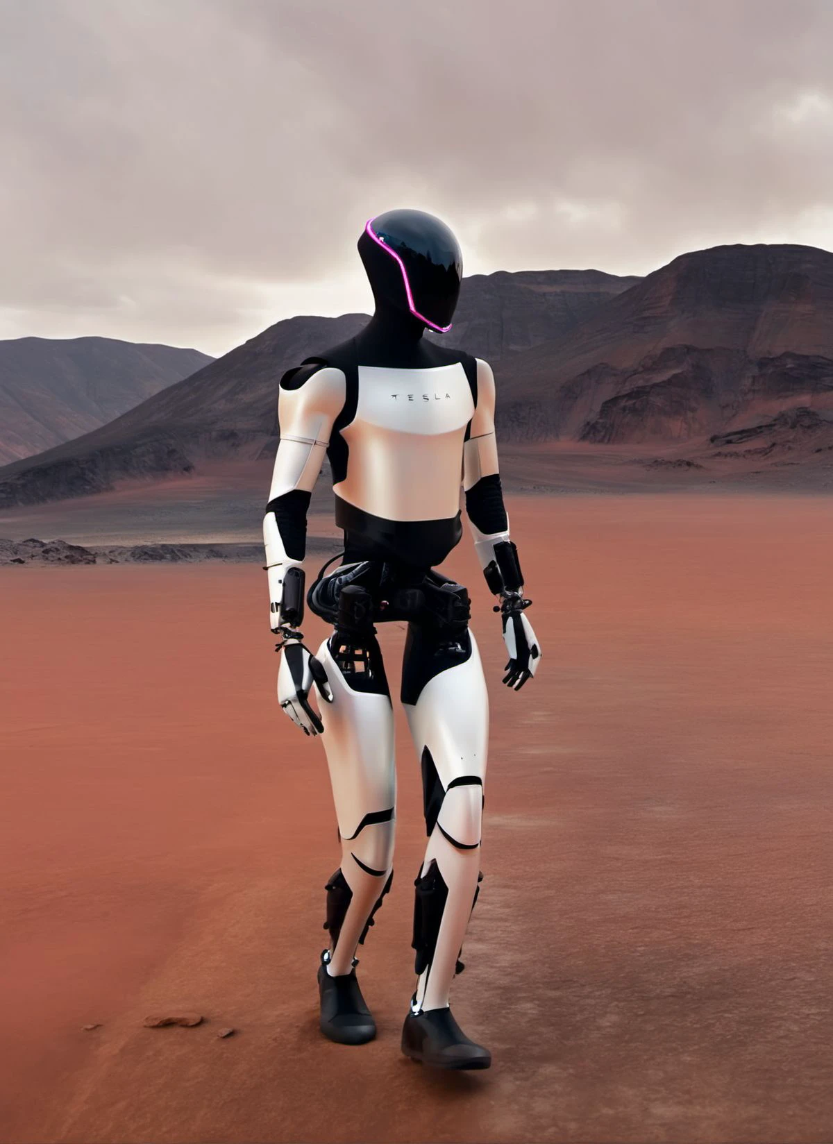 1teslabot, gen-2, teslabot walking on the surface of Mars, portrait, full body shot, mars colony, pink strip, dull brown sky, mountain range, masterquality, photograph, high quality, proportional, cyberpunk focused, hyperrealistic    <lora:teslabot-v1:1> <lora:perfect hands:1> <lora:snowmountxl_v1:0.9>