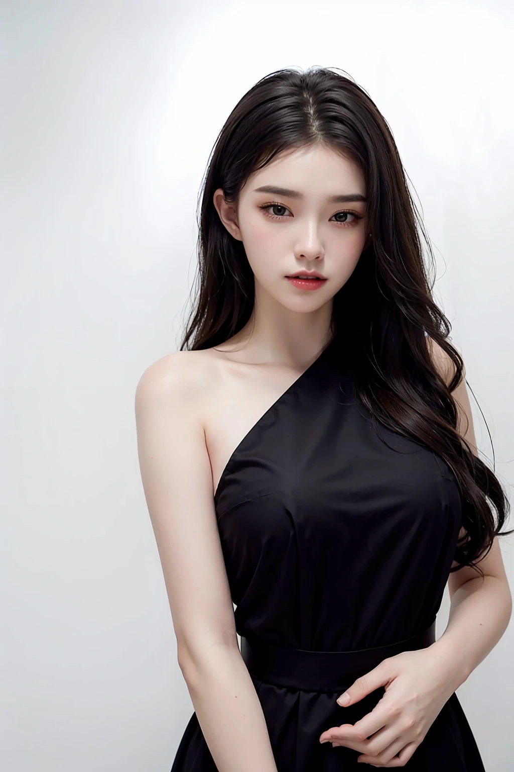 1girl, black  formal long dress,white background,    <lora:JessieWard-04:1>