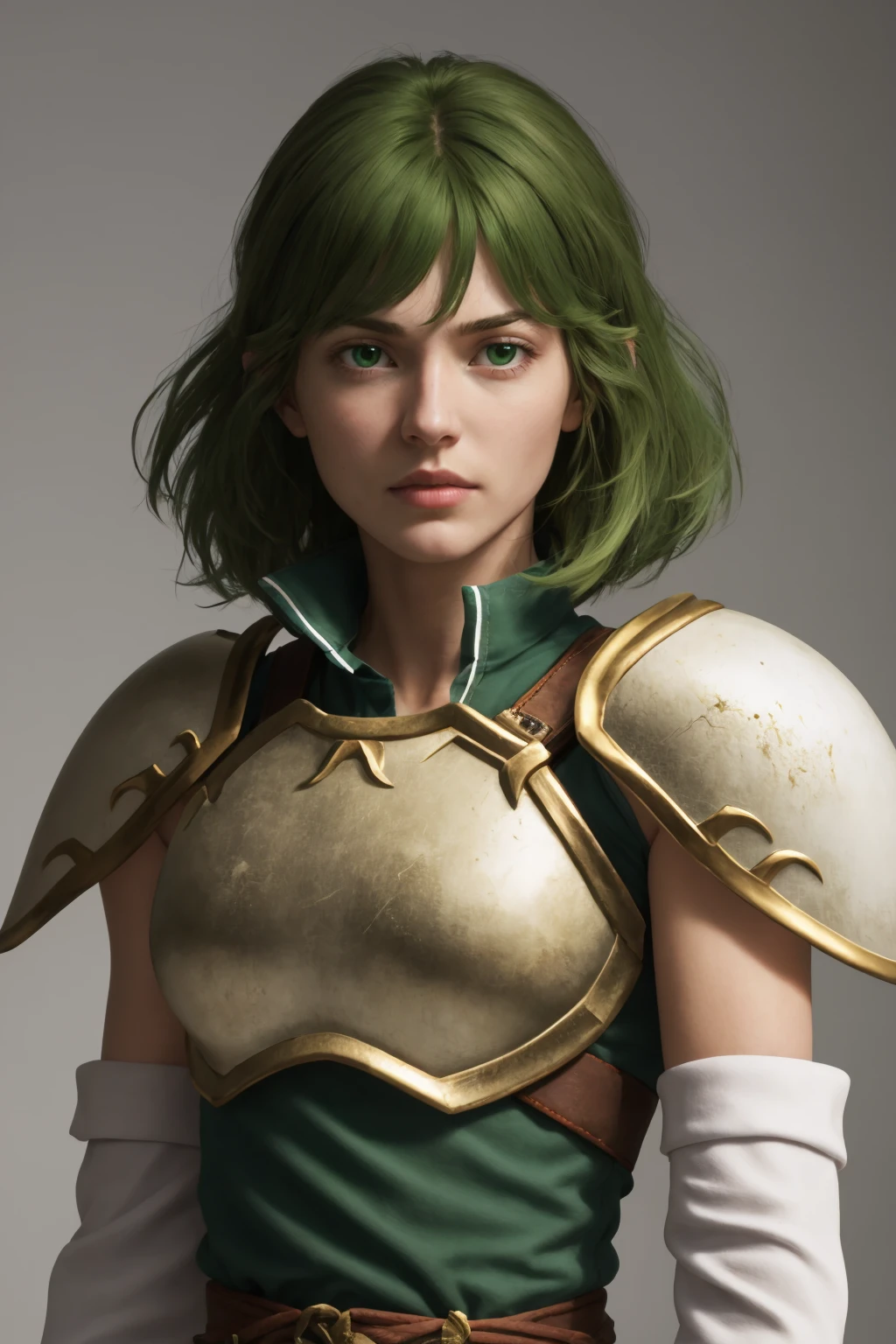 masterpiece, best quality, 1girl, solo, <lora:misha-fe-richy-v1:1> misha, headband, shoulder armor, breastplate, elbow gloves, messy hair, medium hair, green hair