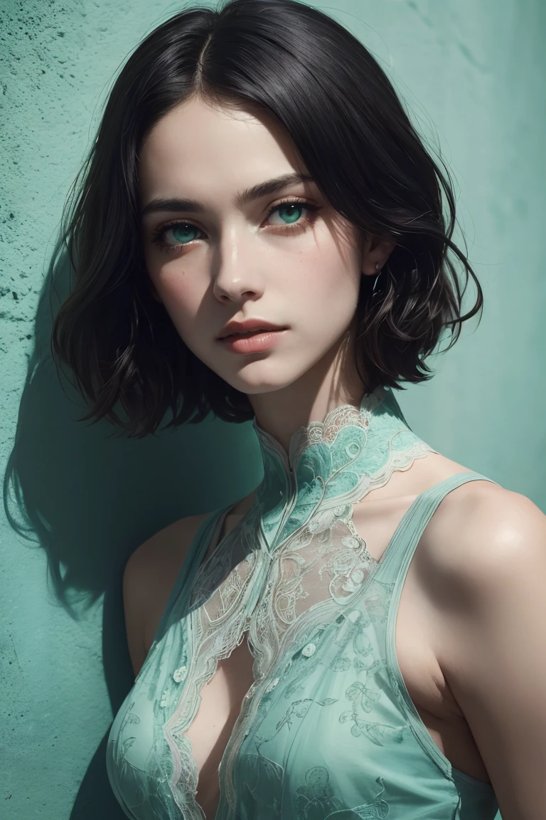 (best quality, masterpiece, official art, highres),1 woman close up lace green and cyan , muted color blood on wall dramatic lighting complex background depth of field best shadow Paolo Roversi 1980 (photorealistic),<lora:GoodHands-beta2:1>