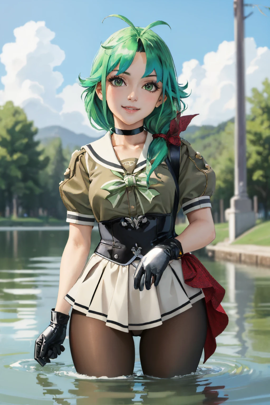 (masterpiece, best quality:1.2), solo, 1girl, kcmatsu, smile, looking at viewer, wading, antenna hair, school uniform, serafuku, short sleeves, black gloves, skirt, pantyhose, choker <lora:kancolle_matsu-10:1>