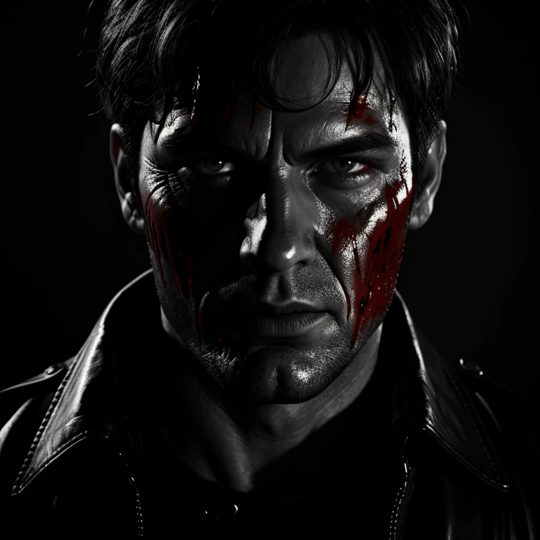 Horror-themed, <lora:Sin City style SD1.5:1.2>
a man with red blood on his face and a leather jacket sin city style, Eerie, unsettling, dark, spooky, suspenseful, grim, highly detailed