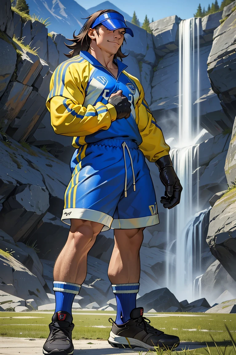 (masterpiece,  best quality:1.2),  man,  solo,  RobertoMiura, 1guy,  visor,  soccer jersey,  gloves,  long sleeves,  medium hair, shorts, cleats,  smirk,  waterfall,  mountains,  fighting stance,  (depth of field:1.1), ,  masterpiece,  highness,  perfect face,  perfect picture,  detailed eyes,  sharp focus, High detailed,  full body,<lora:EMS-222775-EMS:0.960000>