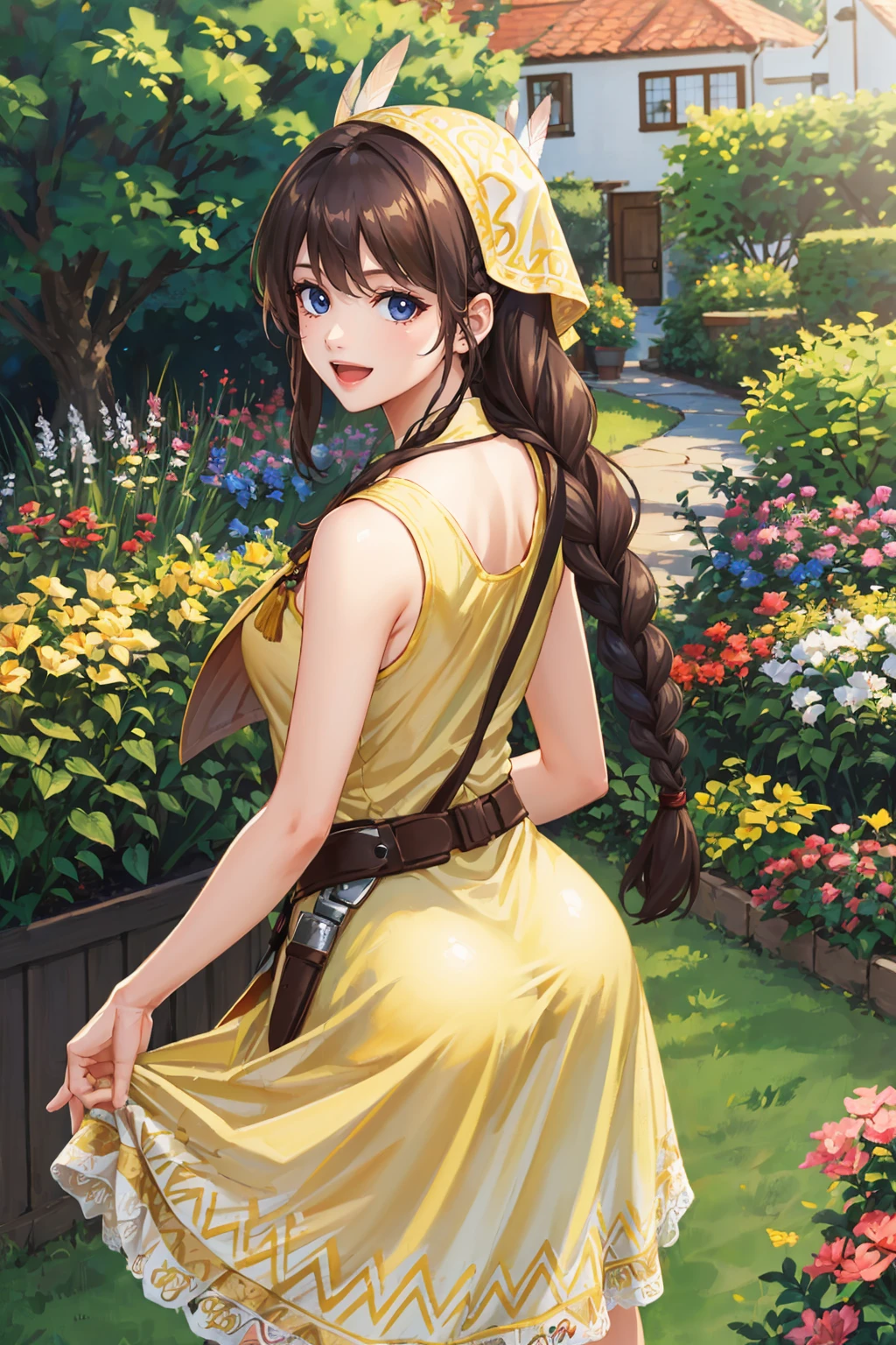 masterpiece, best quality, <lora:yunica-nvwls-v1-000009:0.9> yunica, braided ponytail, bandana, feather hair ornament, (yellow sundress:1.4), from behind, garden, smile, from above, :D