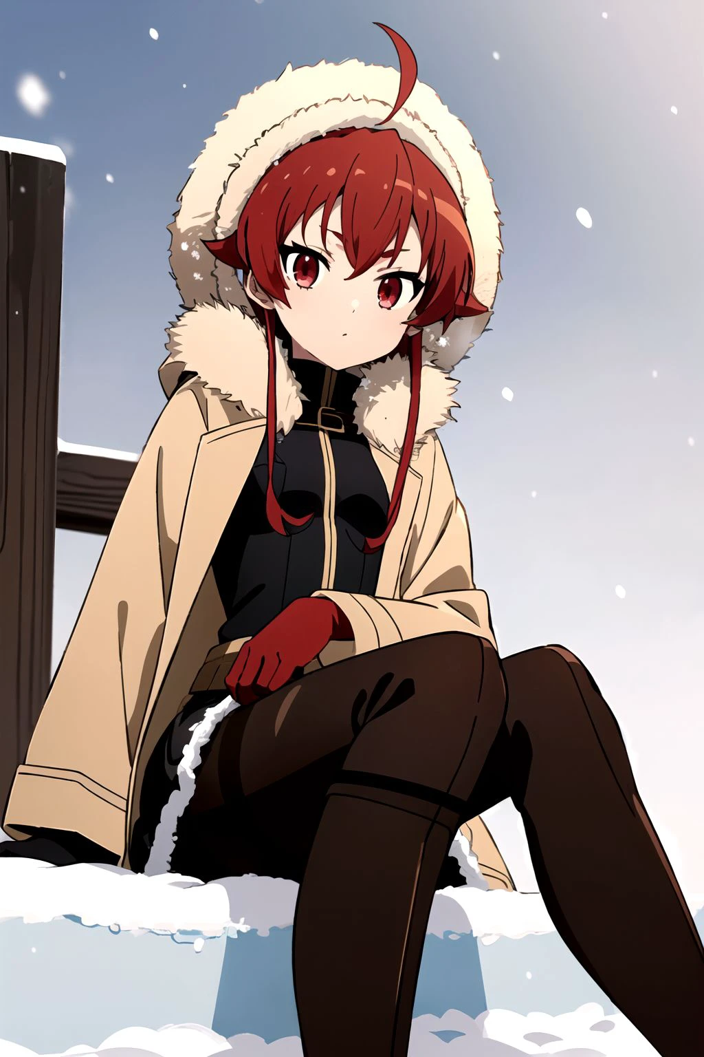 (masterpiece:1.4), (best quality:1.4), (((pixel-perfect, detail-perfect))), 1girl, solo, eris boreas greyrat, red hair, long hair, hair between eyes, ahoge, red eyes,  small breasts, winter clothes, karakul, fur-trimmed coat, long sleeves, open coat, gloves, black turtleneck sweater, fur-trimmed skirt, (black pantyhose, knee boots:1.45), looking at viewer, (detailed background, snowscape:1.45), detailed, flat, flat colors, 2D, (anime:1.45),  <lora:Eris Boreas Greyrat (Mushoku Tensei):0.7>