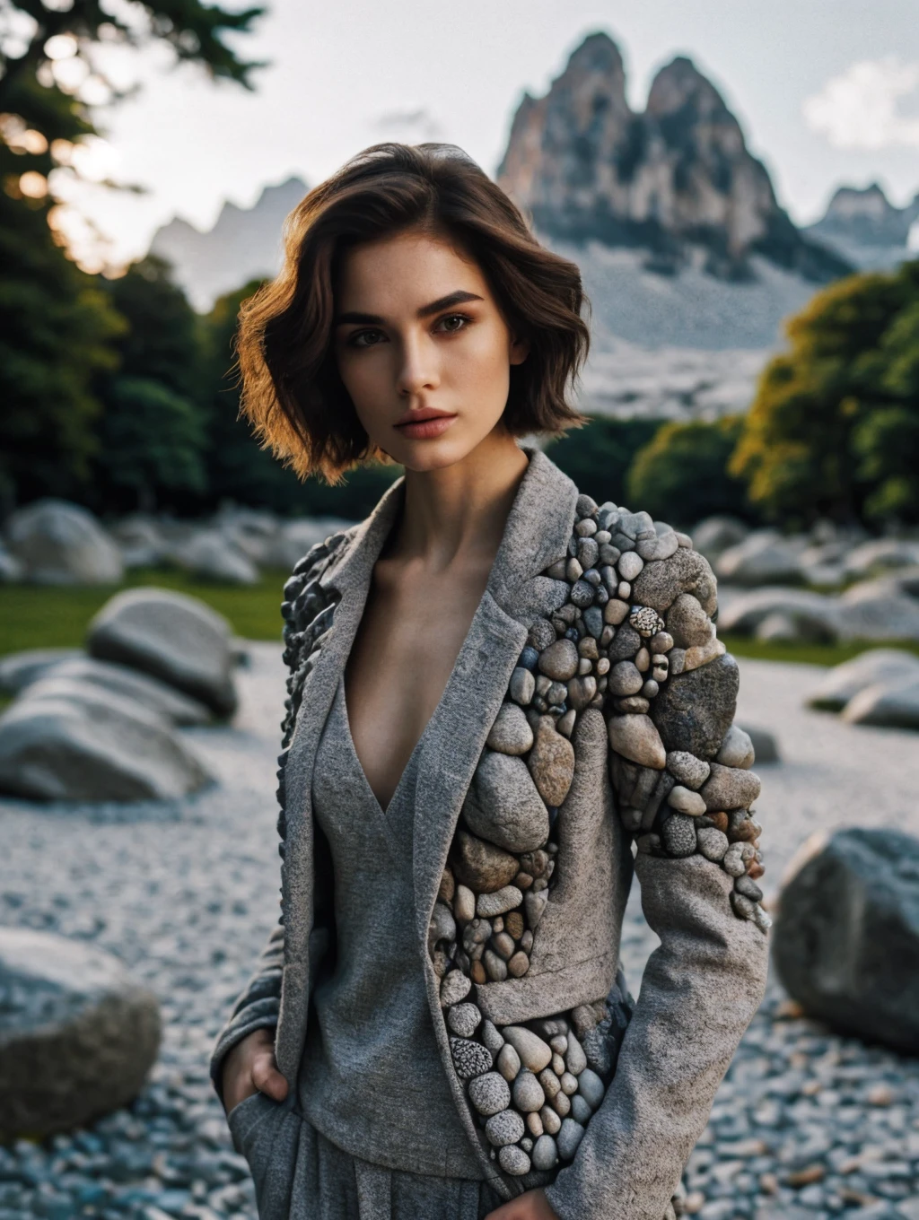 RAW photo, professional posing 1girl, beautiful face, brunette short straight hair, jacket made of rocks and stone, complex living room background, 8k uhd, dslr, soft lighting, high quality, film grain, Fujifilm XT3, (intricate details:0.9), (hdr, hyperdetailed:1.2)
<lora:StoneFashion:0.65> StoneFashion
<lora:pytorch_lora_weights:0.8>
