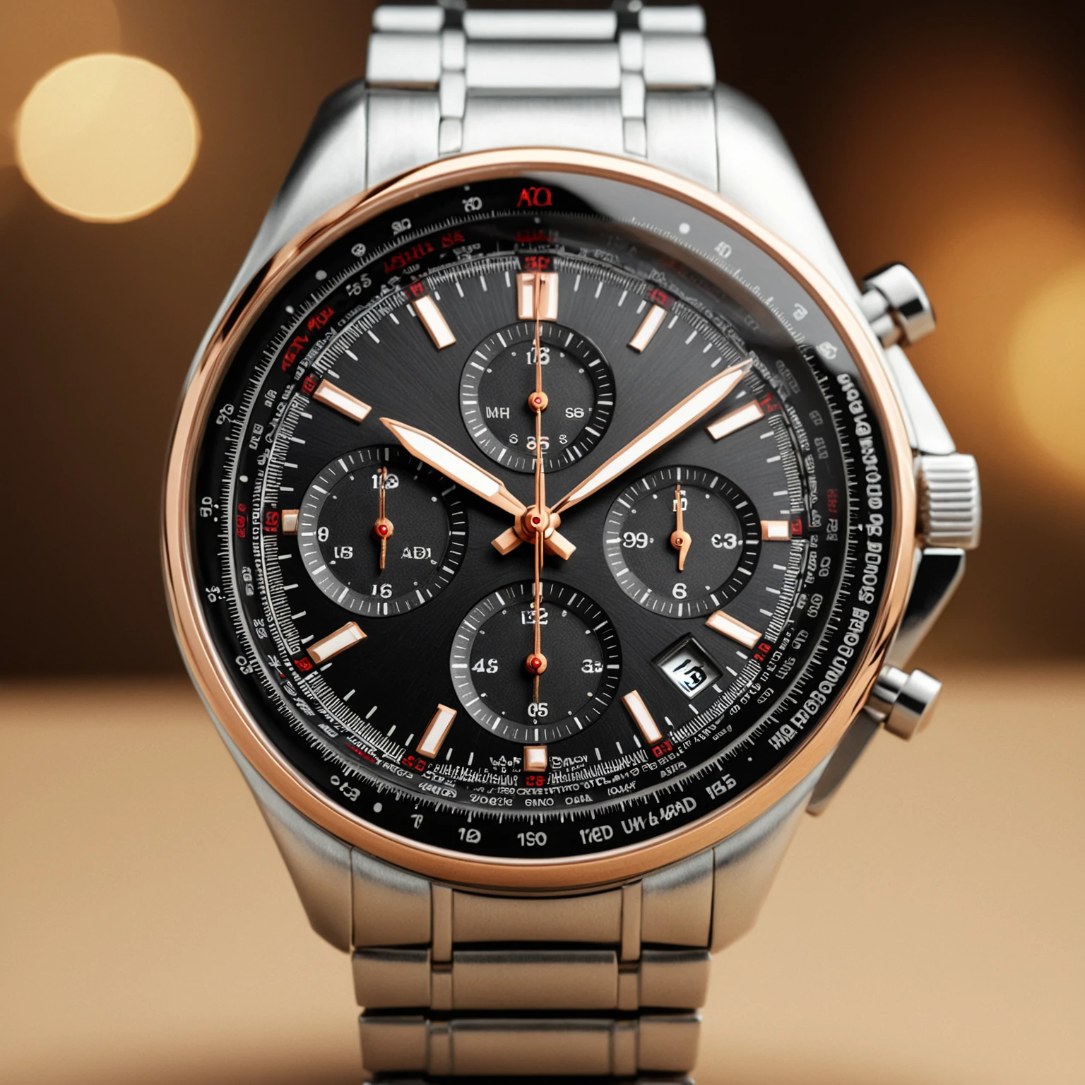 <lora:W4tch35_05XL-final:1>,an advertising photograph of a beautiful (W4tch35:1.2) as a (chronograph:1.3) watch,on a watch stand,with detailed movement,medium shot,tilt shift,bokhe,8k wallpaper,masterpiece,photorealistic,HDR UHD,high contrast,hyper realistic,volumetric lighting,